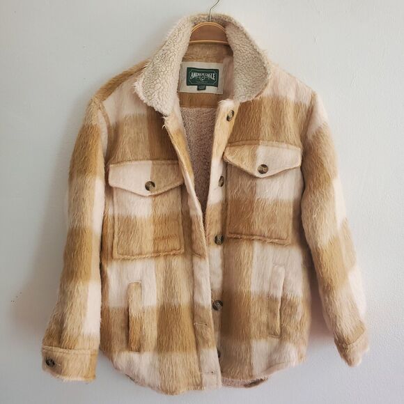 American Eagle Outfitters Jackets & Blazers - American Eagle Terry Lined Coat Tan Tartan Plaid Button Up Cozy Grunge Outdoor